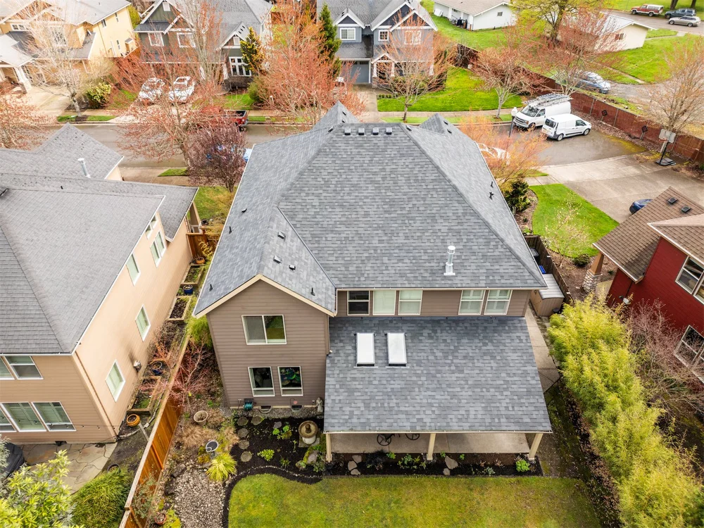 Aerial view of completed roofing project